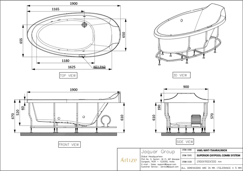 Technical drawing for ARTIZE WHITE TIAARA 1900 X 900mm Freestanding OXYPOOL SYSTEM