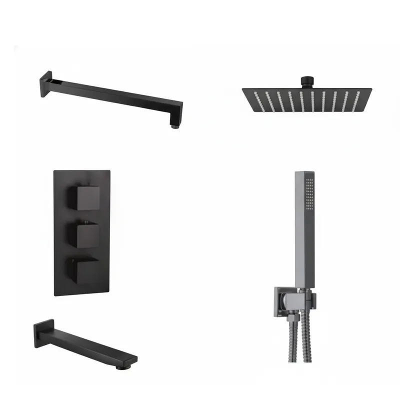Black Matt Thermostatic Concealed Shower & Bath Set – 3-Knob, 3-Outlet with Head, Hand Shower & Bath Spout in Black Matt