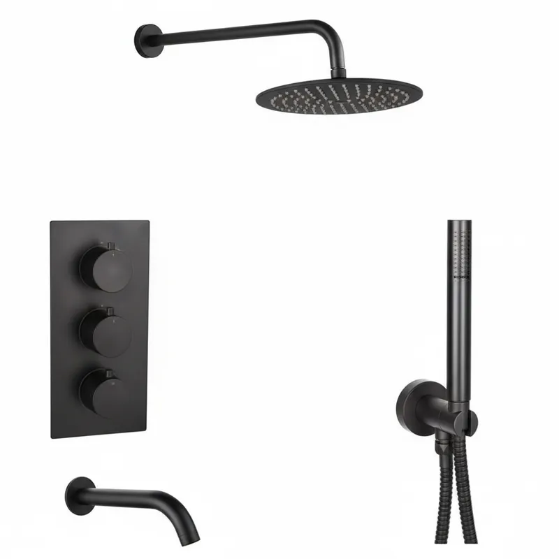 Black Matt Thermostatic Concealed Shower & Bath Set – 3-Outlet Valve with Head, water outlet, wall arm, Hand Shower & Spout in Black Matt