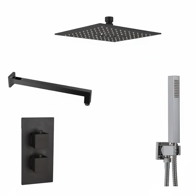Black Matt Thermostatic Concealed Shower Set – 2-Outlet Valve with 200mm Head, shower arm, Water outlet & Hand Shower. in Black Matt