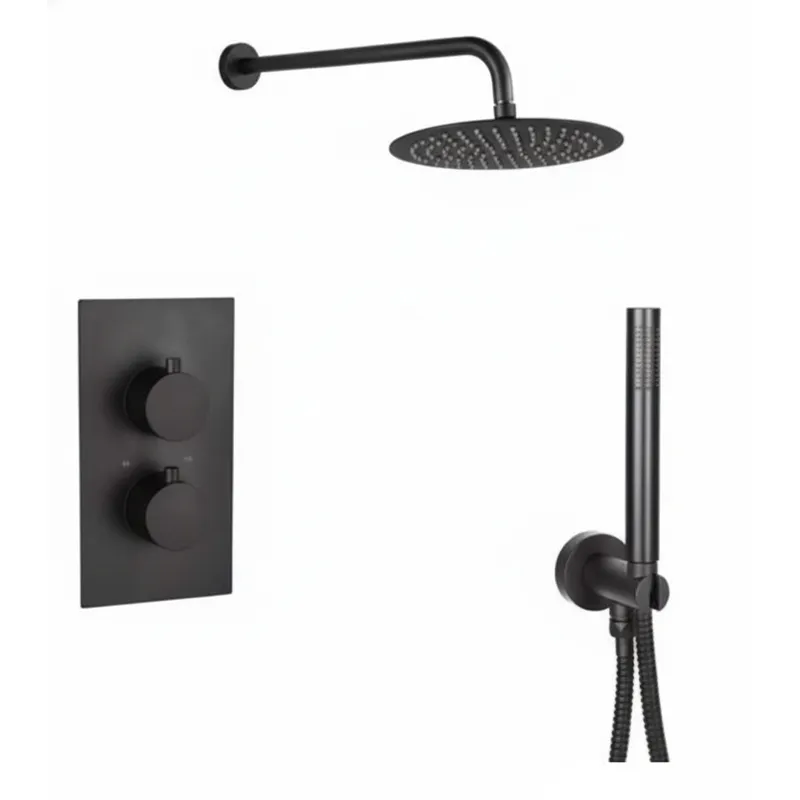 Black Matt Thermostatic Concealed Shower Set – 2-Outlet Valve with Overhead & Hand Shower in Black Matt