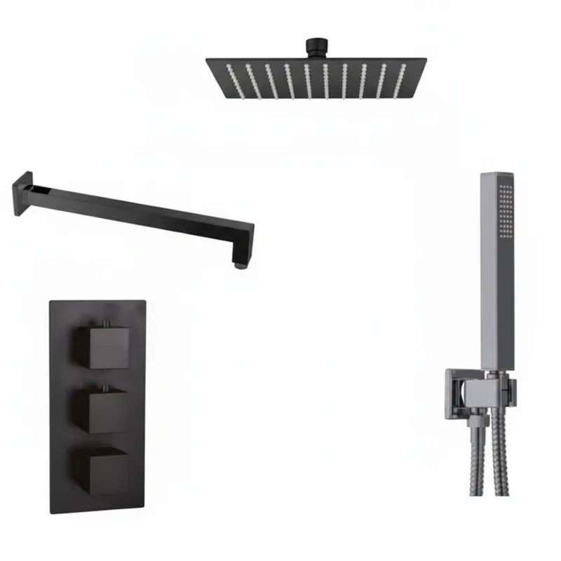Black Matt Thermostatic Concealed Shower Set – 3-Knob, 2-Outlet with 200mm Head & Hand Shower in Black Matt