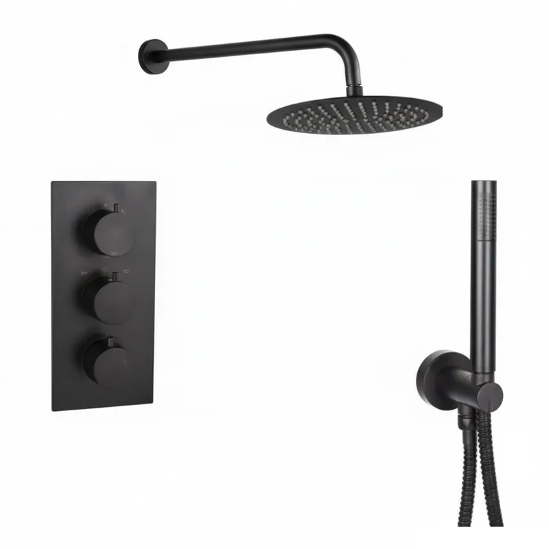 Black Matt Thermostatic Concealed Shower Set – 3-Knob, 2-Outlet with Overhead & Hand Shower with water outlet & wall Arm. in Black Matt