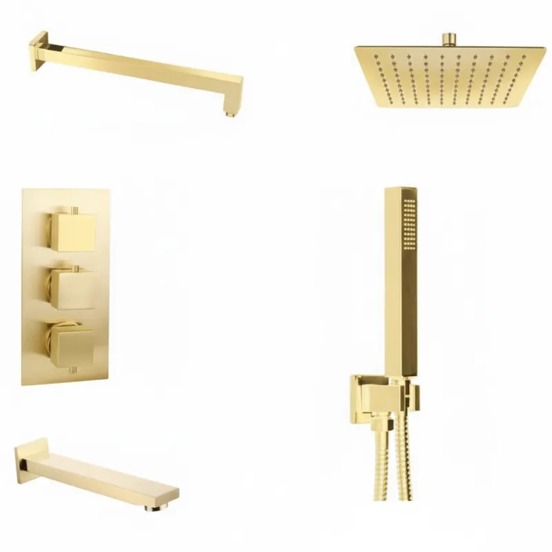 Brushed Gold Thermostatic Concealed Shower & Bath Set – 3-Knob, 3-Outlet with Head, Hand Shower & Bath Spout in Brushed Gold