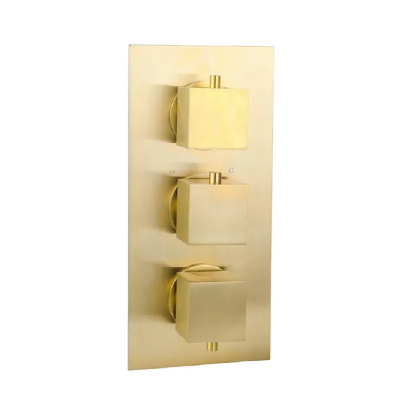 Brushed Gold Thermostatic Concealed Shower & Bath Set – 3-Knob, 3-Outlet with Head, Hand Shower & Bath Spout in Brushed Gold - photograph 2