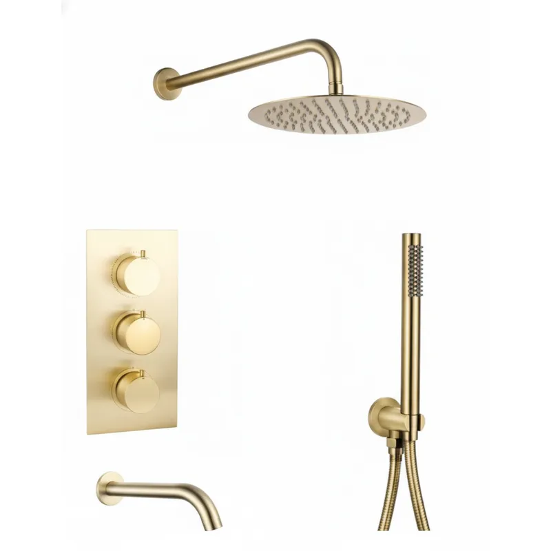 Brushed Gold Thermostatic Concealed Shower & Bath Set – 3-Outlet Valve with Head, water outlet, wall arm, Hand Shower & Spout in Brushed Gold