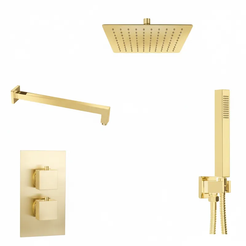 Brushed Gold Thermostatic Concealed Shower Set – 2-Outlet Valve with 200mm Head, shower arm, Water outlet & Hand Shower. in Brushed Gold