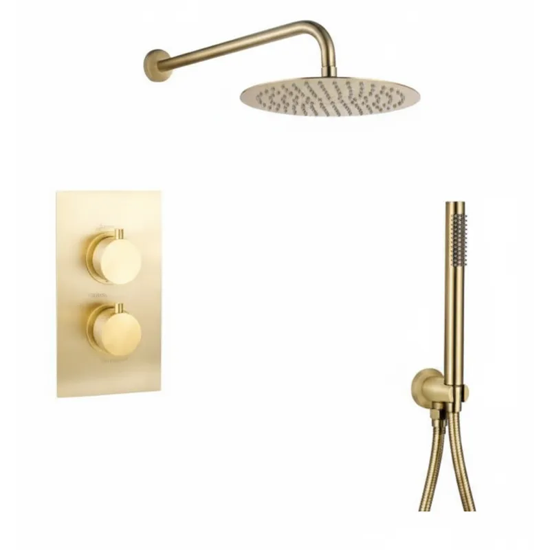 Brushed Gold Thermostatic Concealed Shower Set – 2-Outlet Valve with Overhead & Hand Shower in Brushed Gold