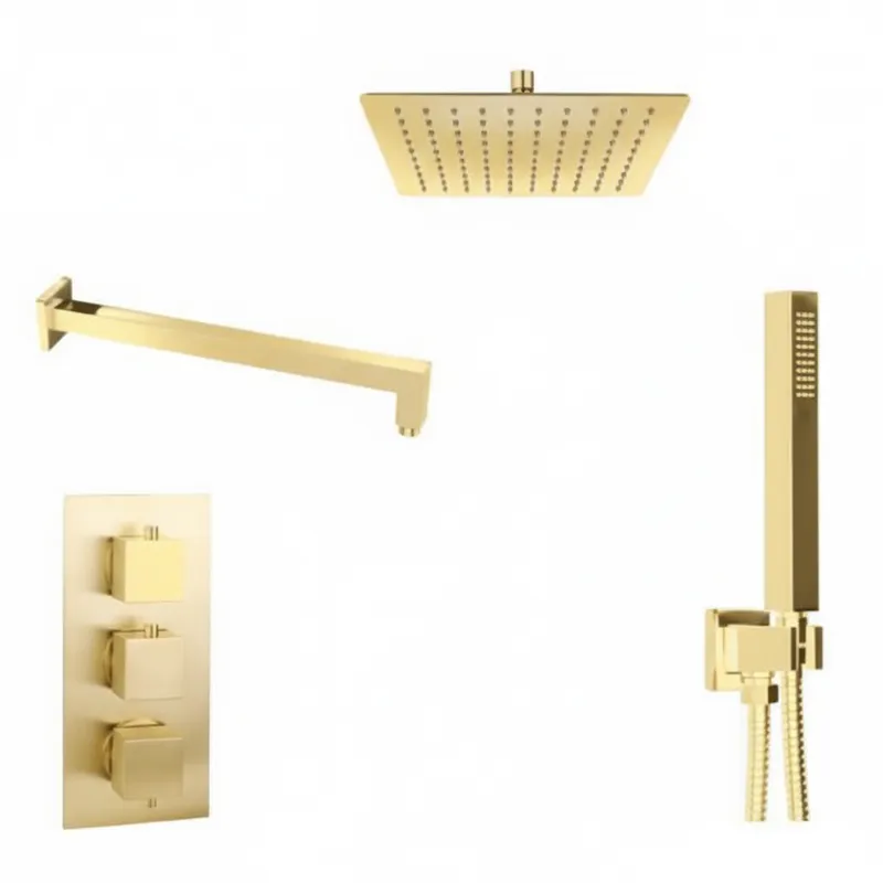 Brushed Gold Thermostatic Concealed Shower Set – 3-Knob, 2-Outlet with 200mm Head & Hand Shower in Brushed Gold
