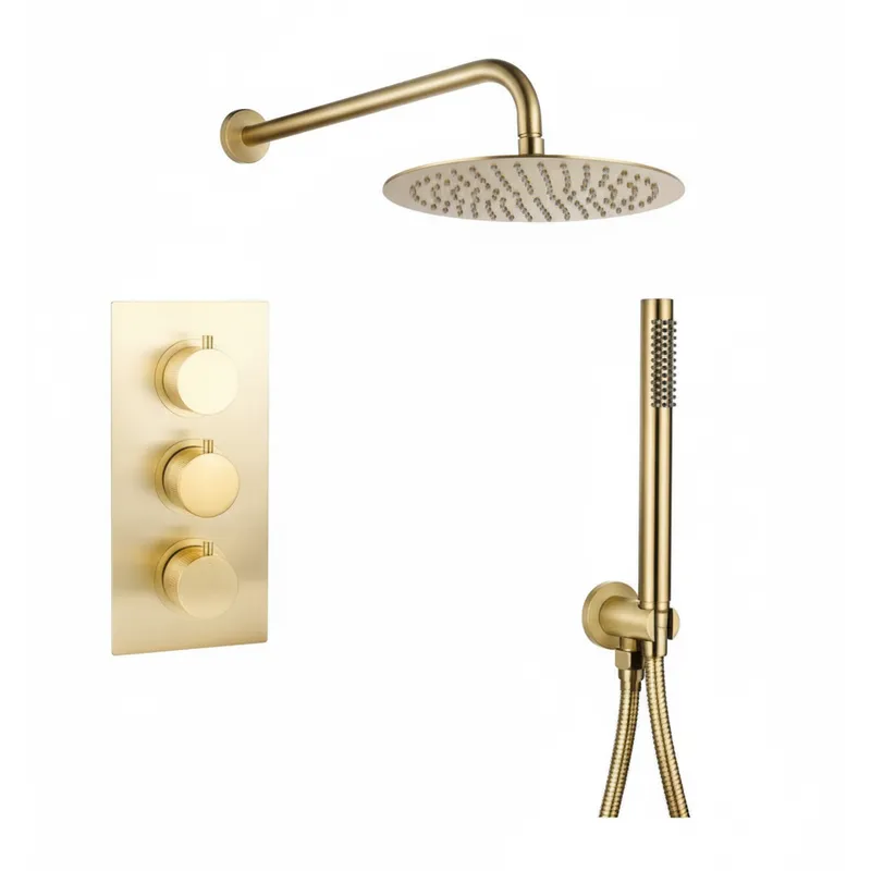 Brushed Gold Thermostatic Concealed Shower Set – 3-Knob, 2-Outlet with Overhead & Hand Shower with water outlet & wall Arm. in Brushed Gold