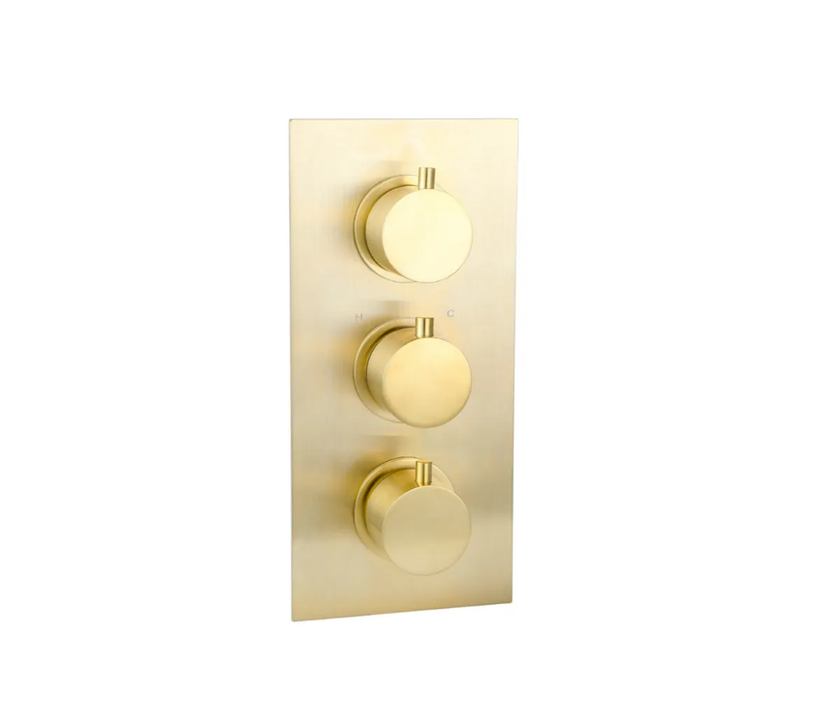 Brushed Gold Thermostatic Concealed Shower Set – 3-Knob, 2-Outlet with Overhead & Hand Shower with water outlet & wall Arm. in Brushed Gold - photograph 2