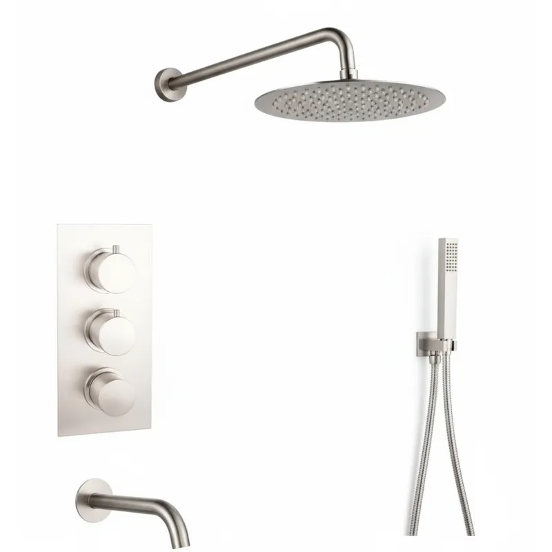 Brushed Nickel Thermostatic Concealed Shower & Bath Set – 3-Outlet Valve with Head, water outlet, wall arm, Hand Shower & Spout in Brushed Nickel