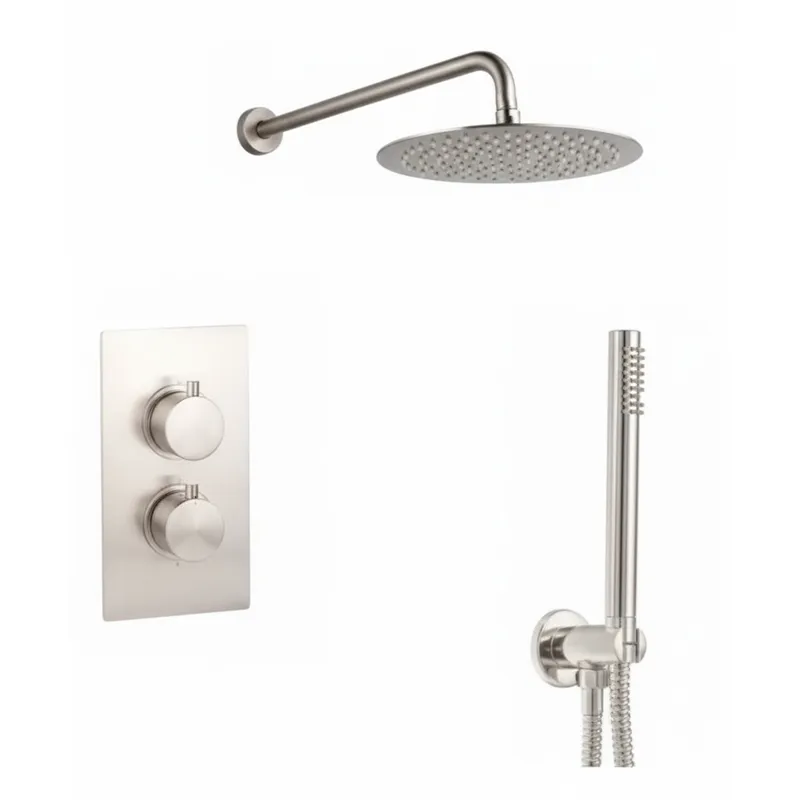 Brushed Nickel Thermostatic Concealed Shower Set – 2-Outlet Valve with Overhead & Hand Shower in Brushed Nickel