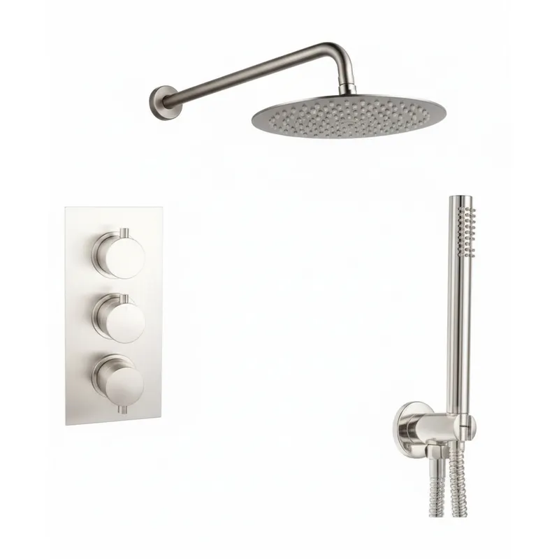 Brushed Nickel Thermostatic Concealed Shower Set – 3-Knob, 2-Outlet with Overhead & Hand Shower with water outlet & wall Arm. in Brushed Nickel