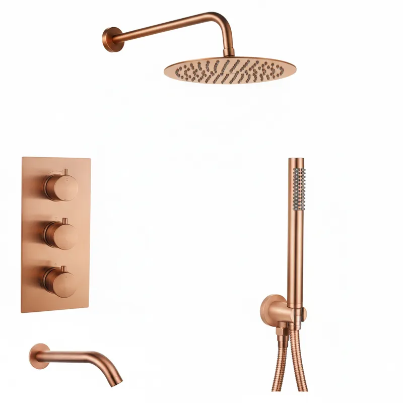 Brushed Rose Gold Thermostatic Concealed Shower & Bath Set – 3-Outlet Valve with Head, water outlet, wall arm, Hand Shower & Spout in Brushed Rose Gold