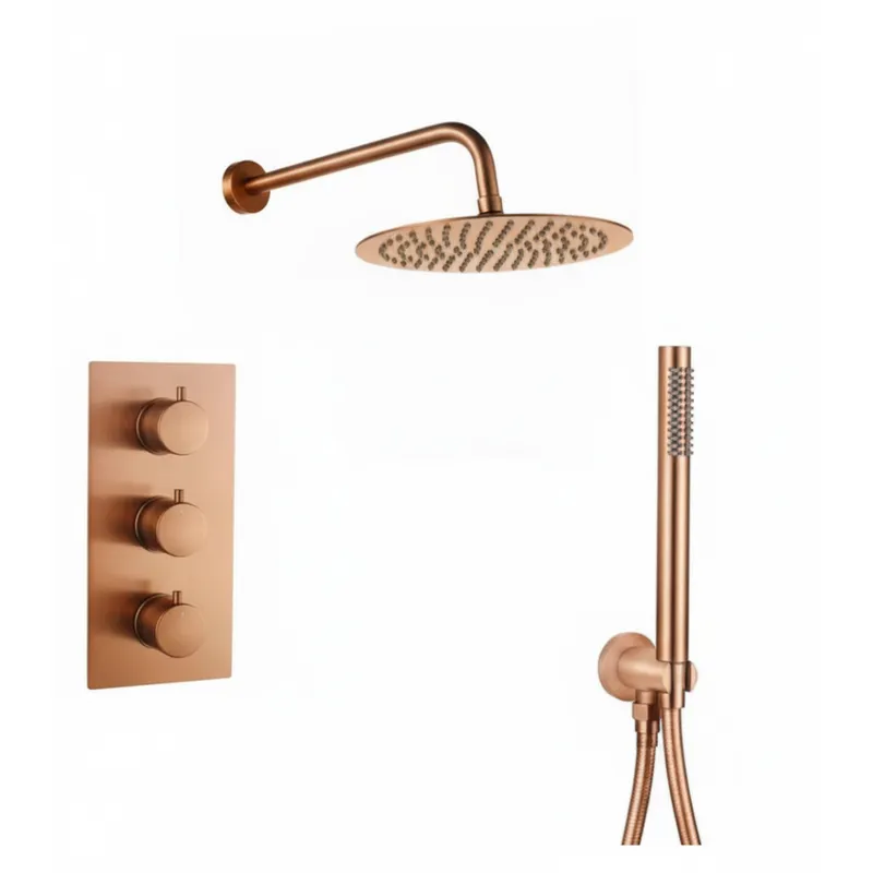 Brushed Rose Gold Thermostatic Concealed Shower Set – 3-Knob, 2-Outlet with Overhead & Hand Shower with water outlet & wall Arm. in Brushed Rose Gold