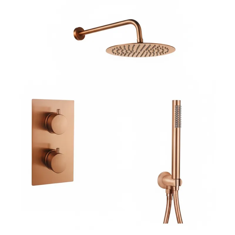 Brushed Rose Thermostatic Concealed Shower Set – 2-Outlet Valve with Overhead & Hand Shower in Brushed Rose Gold