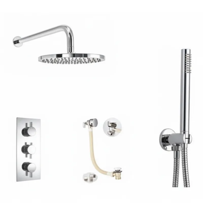 Chrome Plated 3-Way Thermostatic Shower Kit – Concealed Valve, Overhead, Handset & Slimline Bath Filler in Chrome