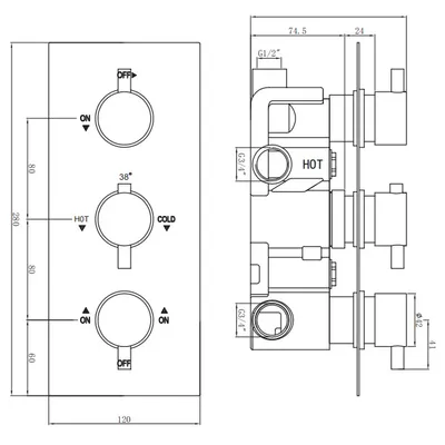 Technical drawing for Chrome Plated 3-Way Thermostatic Shower Kit – Concealed Valve, Overhead, Handset & Slimline Bath Filler