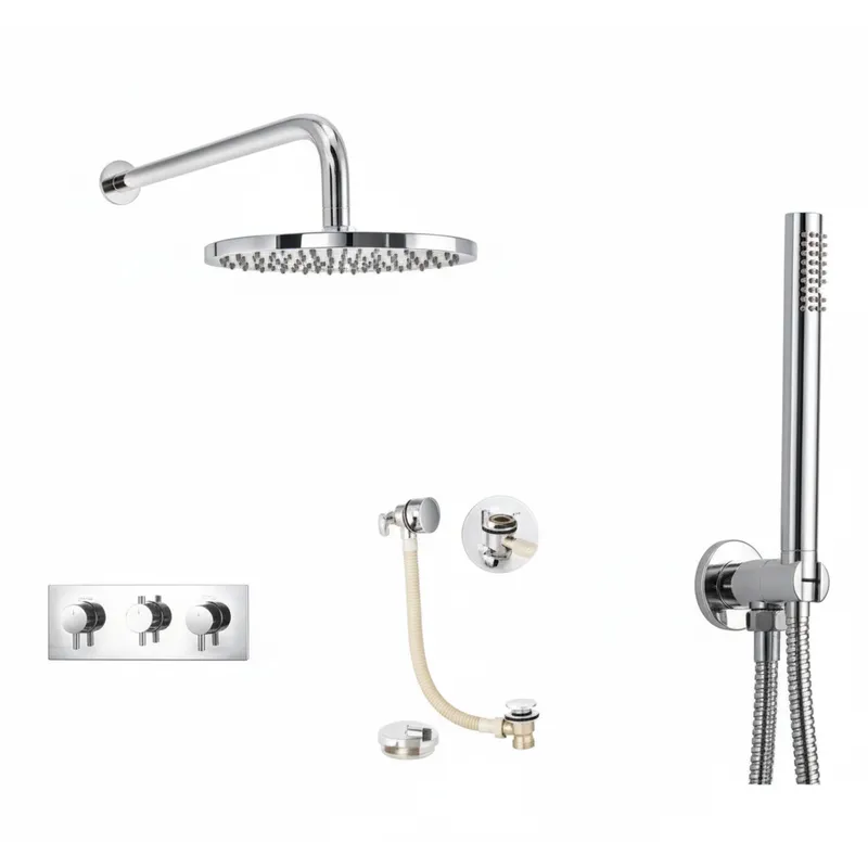 Chrome Plated Concealed Thermostatic Shower System – Triple Control, Overhead, Hand Shower & Bath Filler in Chrome