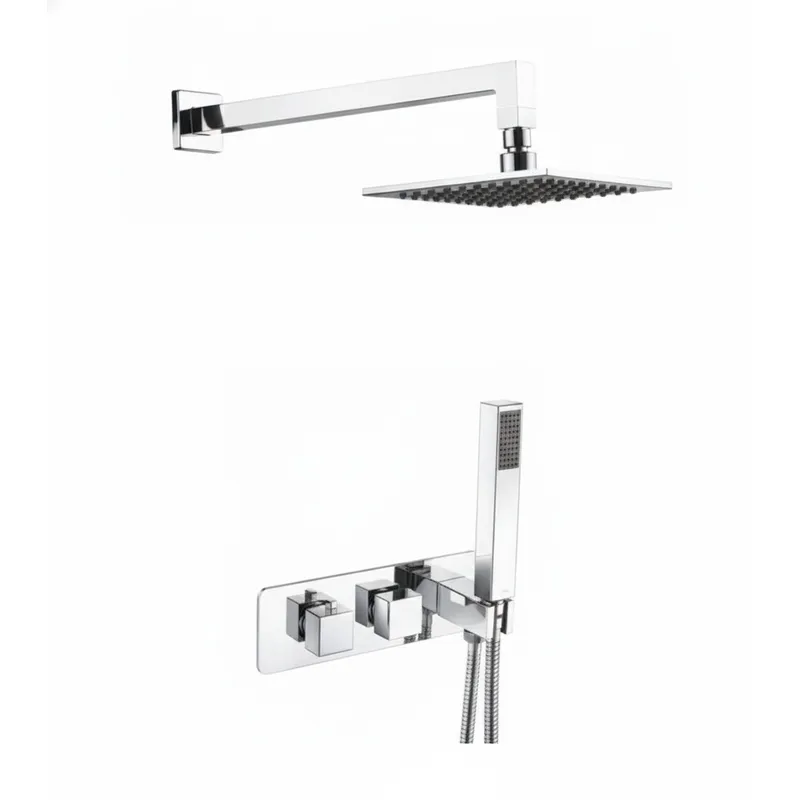 Chrome Plated Thermostatic Concealed Chrome Plated shower mixer 2 outlets, Overhead shower, Wall shower arm 300mm in Chrome