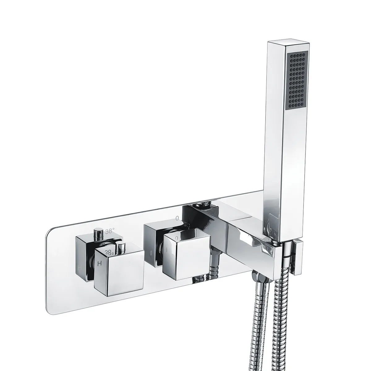 Chrome Plated Thermostatic Concealed Chrome Plated shower mixer 2 outlets, Overhead shower, Wall shower arm 300mm in Chrome - photograph 2