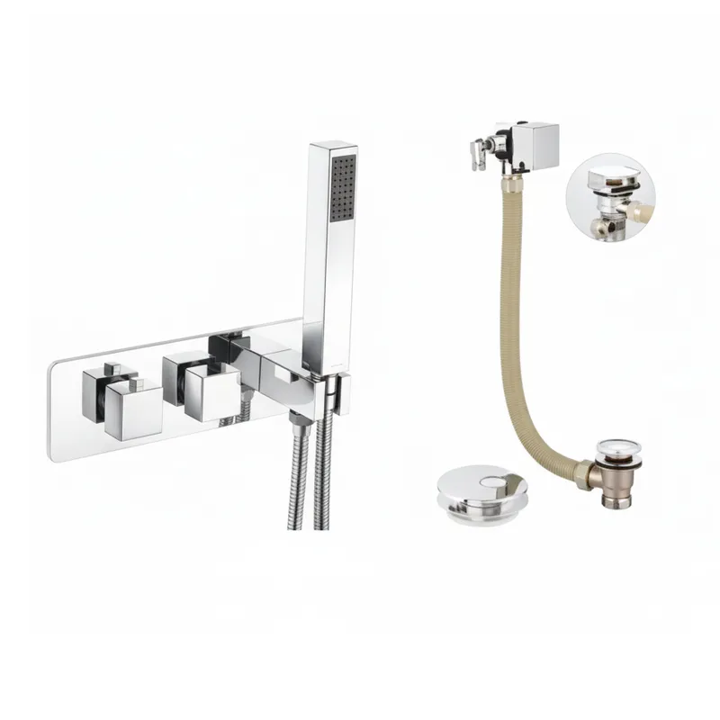 Chrome Plated Thermostatic Concealed Chrome Plated shower mixer 2 outlets, Slimline bath filler with clicker waste in Chrome