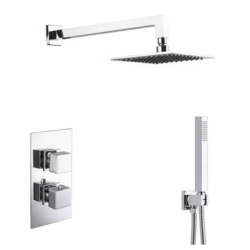 Chrome Plated Thermostatic Concealed Shower Set – 2-Outlet Valve with 200mm Head, shower arm, Water outlet & Hand Shower. in Chrome