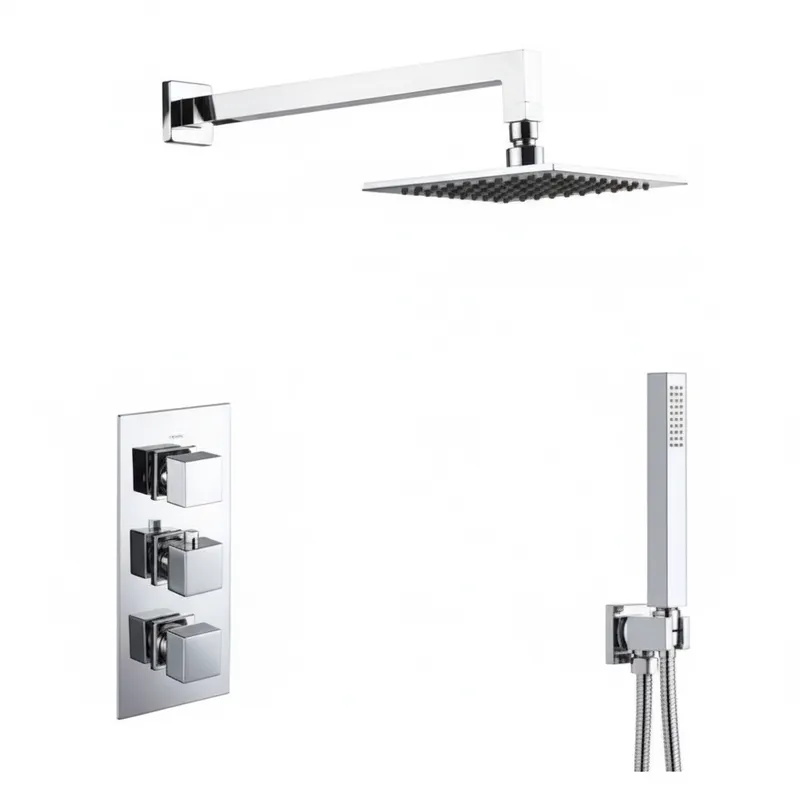 Chrome Plated Thermostatic Concealed Shower Set – 3-Knob, 2-Outlet with 200mm Head & Hand Shower in Chrome