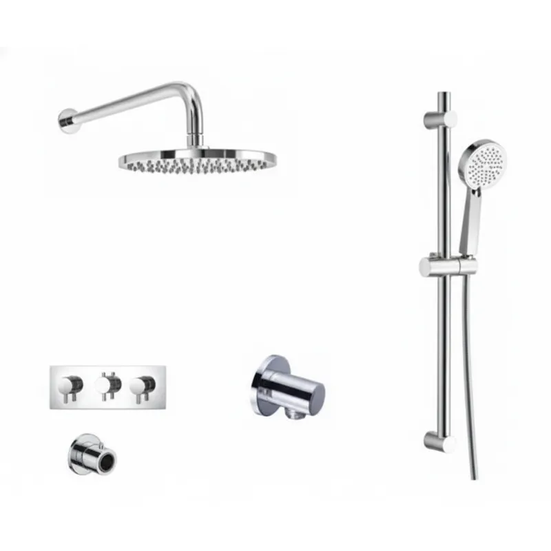 Chrome Plated Thermostatic Concealed Shower Set – 3-Knob, 2-Outlet with Overhead & Adjustable Slide Rail in Chrome
