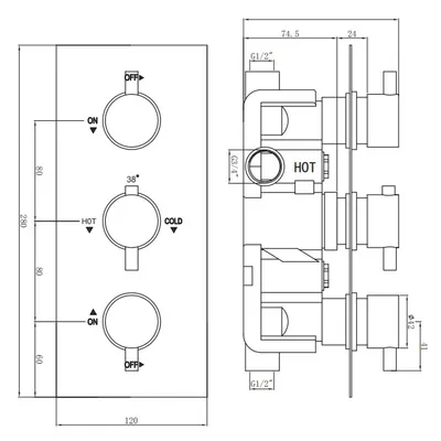 Technical drawing for Chrome Plated Thermostatic Concealed Shower Set – 3-Knob, 2-Outlet with Overhead & Adjustable Slide Rail