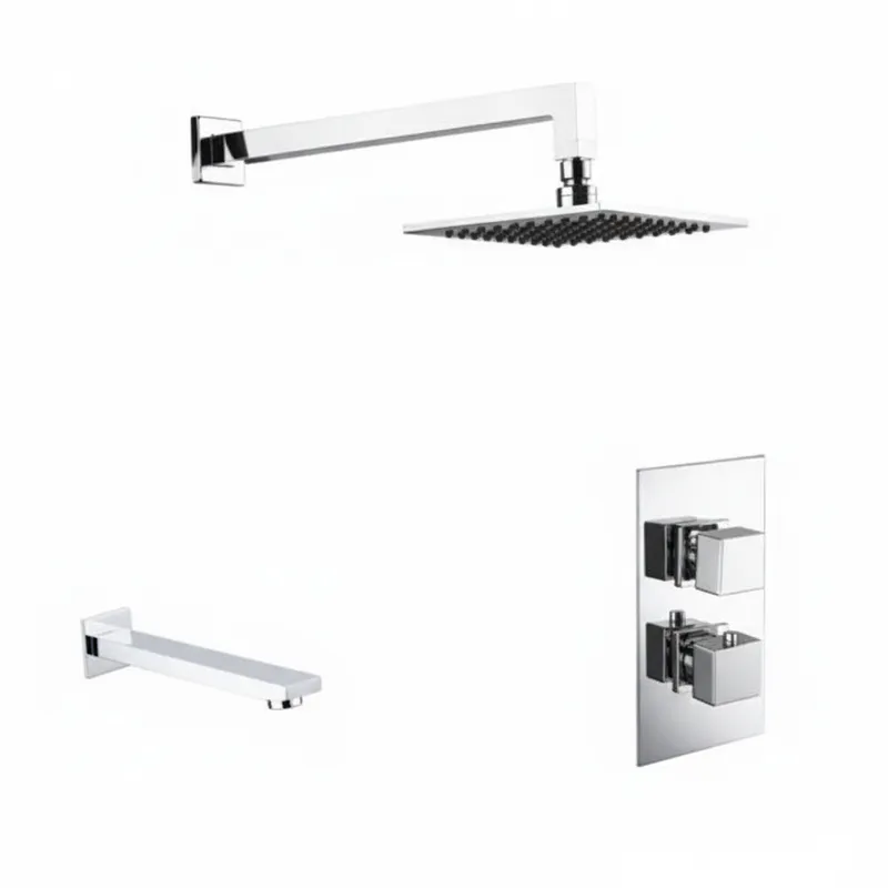 Chrome Plated Thermostatic concealed shower valve Two Knobs 2 Outlets, Overhead shower, Wall shower arm & Spout in Chrome