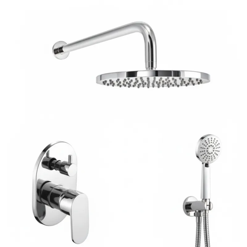 Concealed single Chrome Plated lever manual mixer with diverter 2 outlets, Round hand shower kit, Round wall arm 300mm, Round overhead shower in Chrome