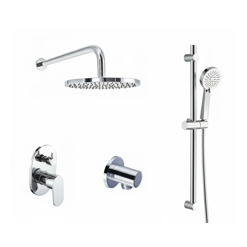 Concealed single Chrome Plated lever manual mixer with diverter , Round hand shower kit, Round wall arm, Round overhead shower, Luxury slide rail kit adjustable, Minimalist water outlet elbow in Chrome
