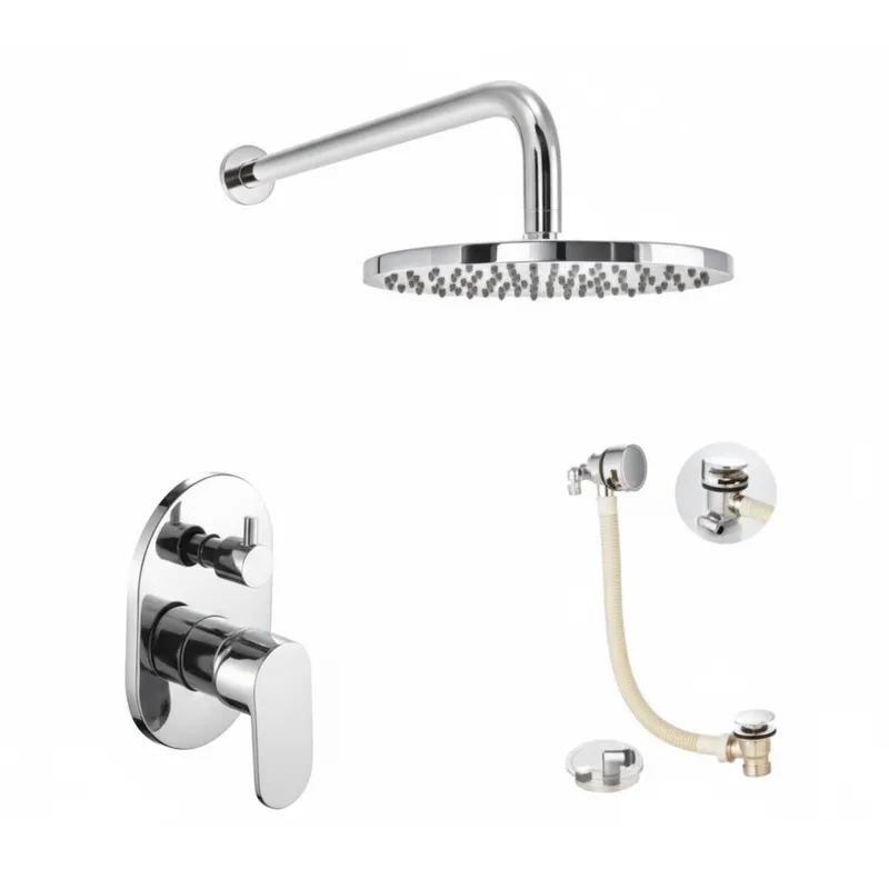Concealed single Chrome Plated lever manual mixer with diverter, Round wall arm, Round overhead shower, Slimline bath filler with clicker waste in Chrome