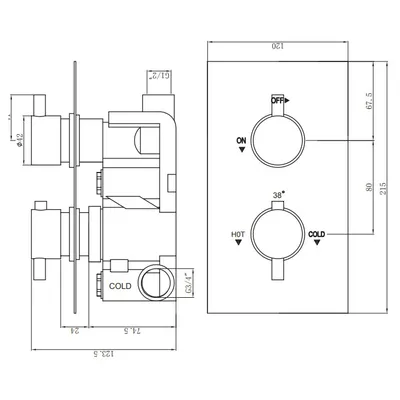 Technical drawing for Cross Thermostatic Concealed Shower Mixer One Outlet 2 Knobs Chrome Plated