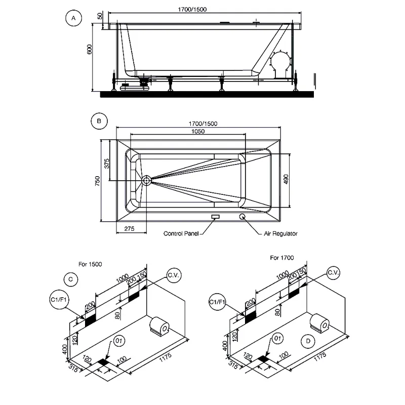 Technical drawing for Fonte Bathtub Whirlpool and Airpool Combi System 1600X750mm