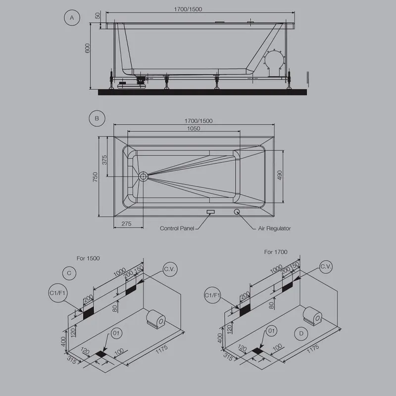 Technical drawing for Fonte White Bathtub Whirlpool and Airpool Combi System 1500X750mm