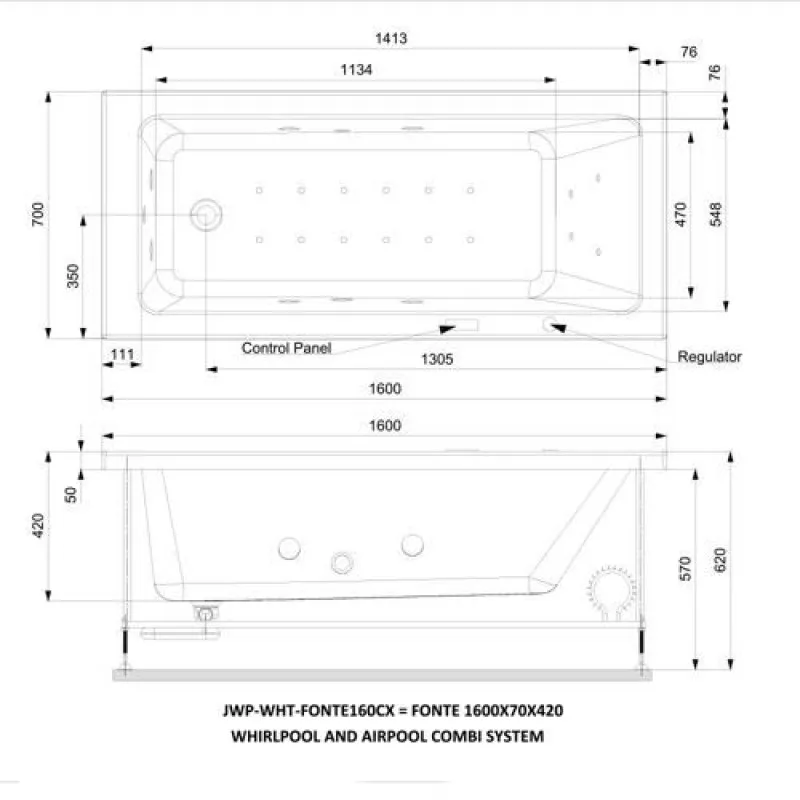 Technical drawing for Fonte White Bathtub Whirlpool and Airpool Combi System 1600X750mm