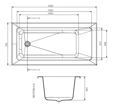 Technical drawing for Fonte White Built-in Bathtub With Powder Coated MS Frame 1500X750mm