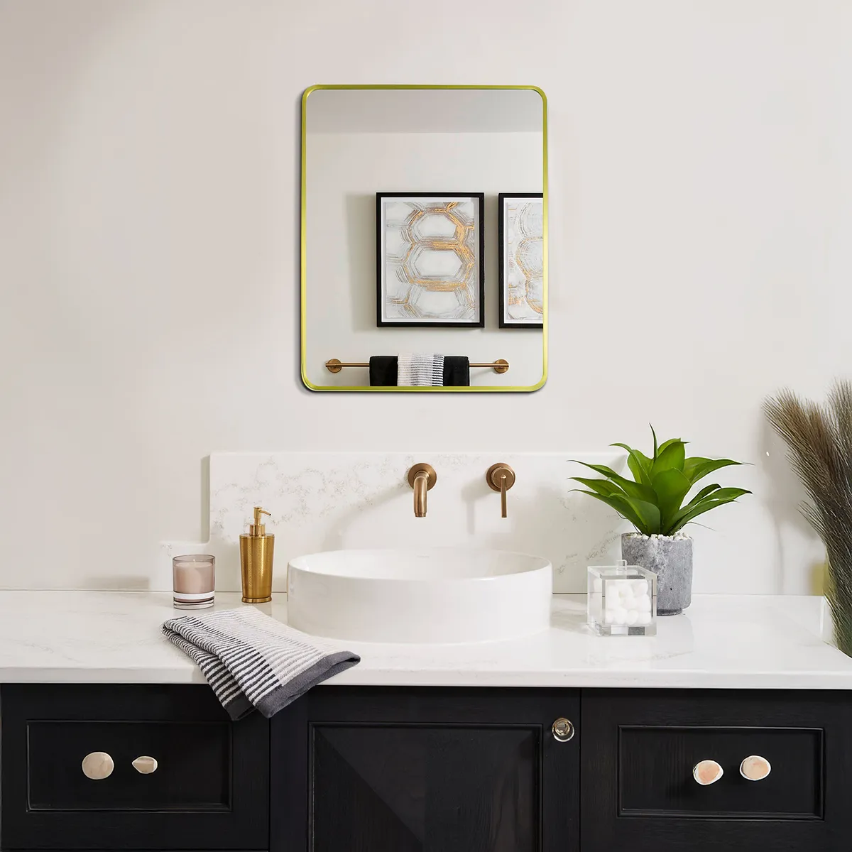 Frame Brushed Gold Bathroom rounded corner Mirror 500x600mm in Brushed Gold