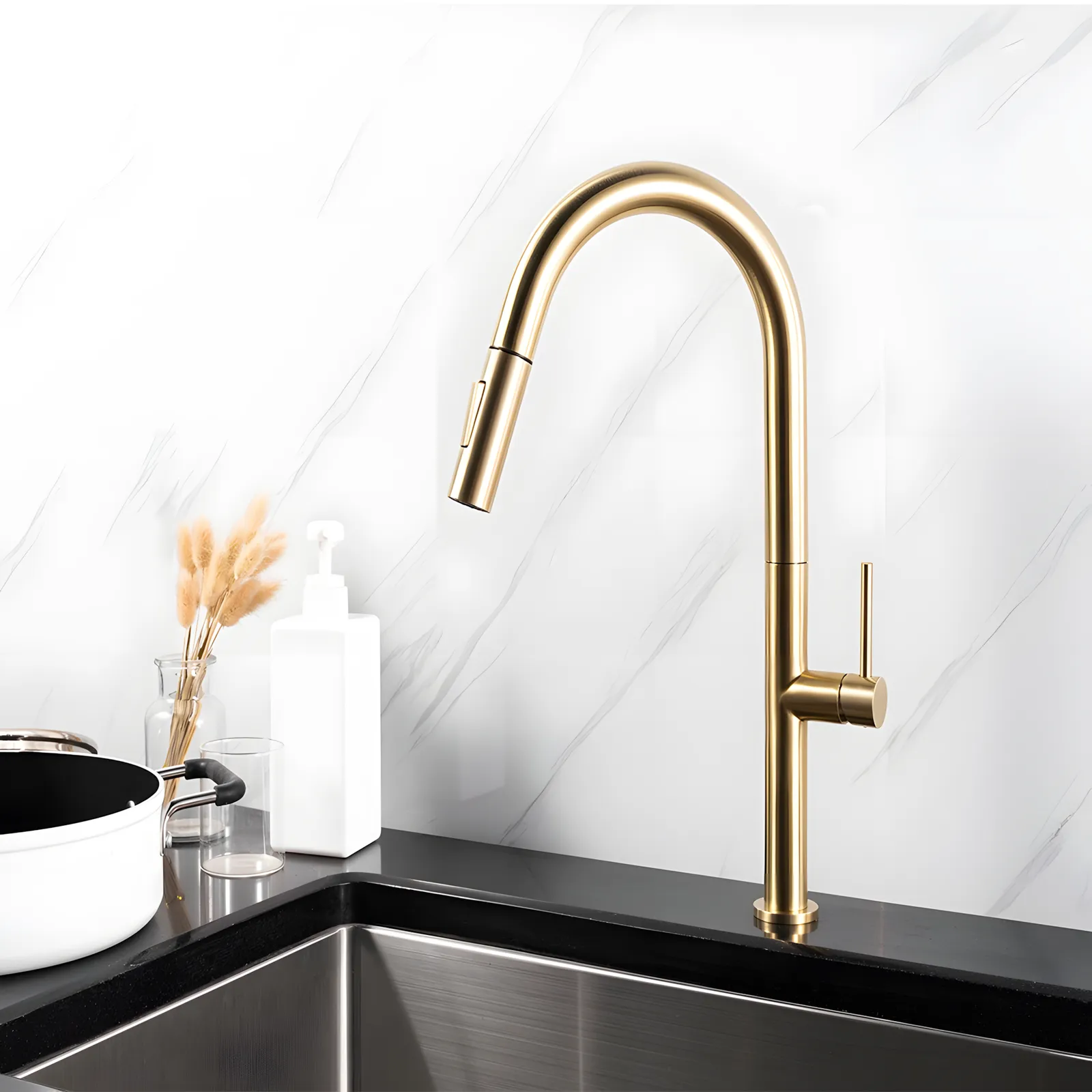 Grace Single Lever Kitchen Mixer Brushed Gold Chrome Plated in Brushed Gold