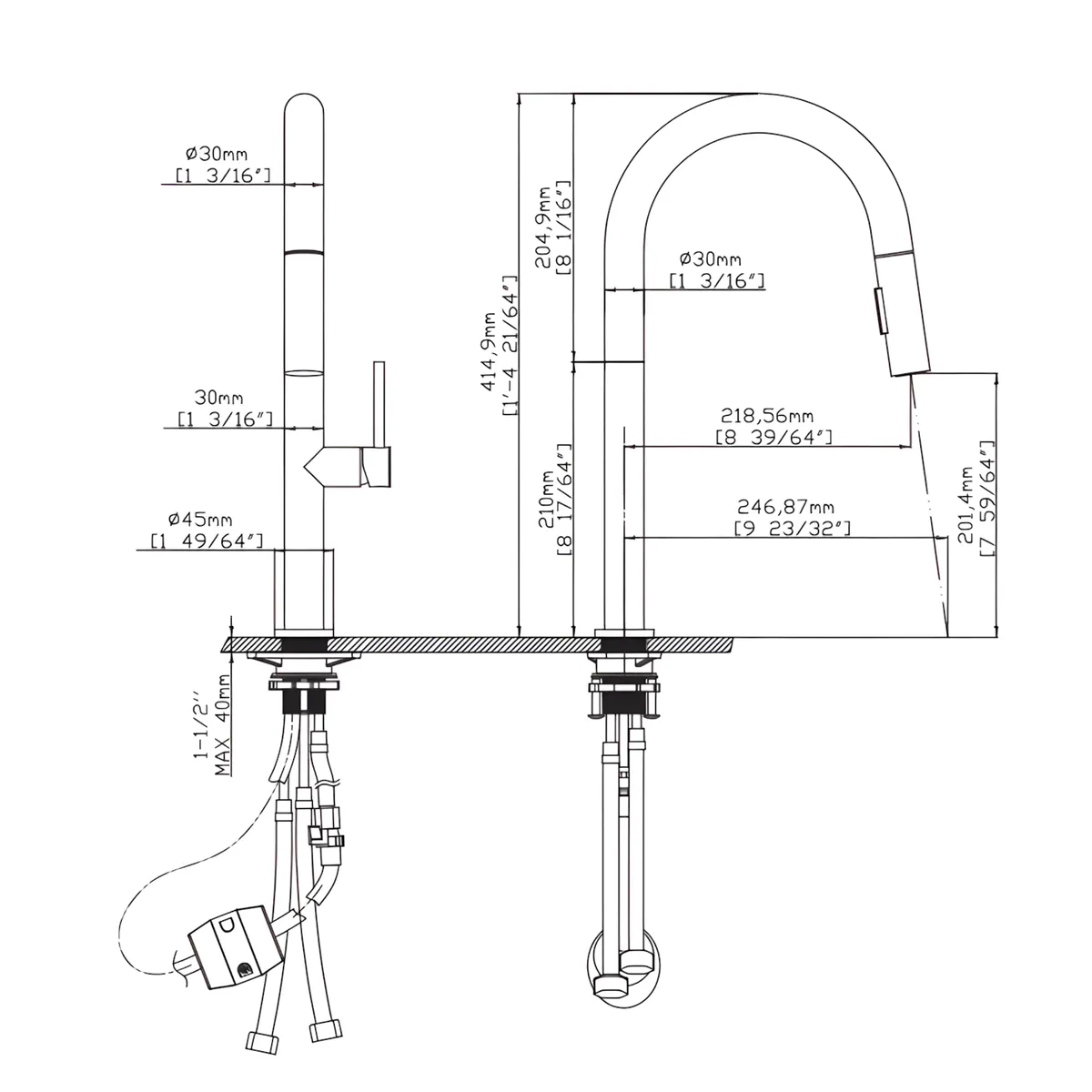 Technical drawing for Grace Single Lever Kitchen Mixer Chrome Plated