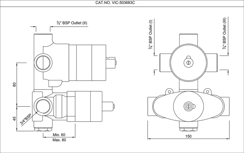 Technical drawing for In-wall Body of Thermostatic Shower Mixer