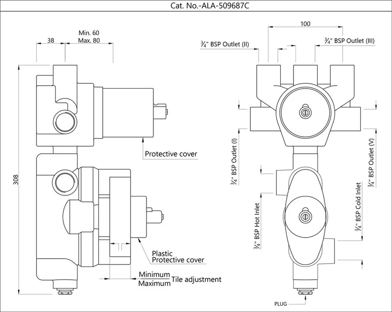 Technical drawing for In-wall Body of Thermostatic Shower Mixer with 5-way diverter
