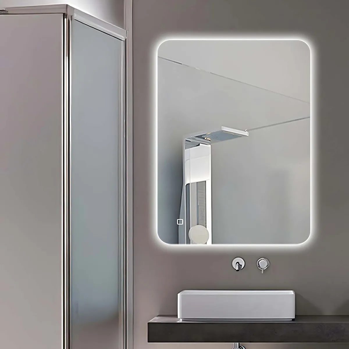 Intense Led rounded corner Mirror 50SS with shaver socket in default