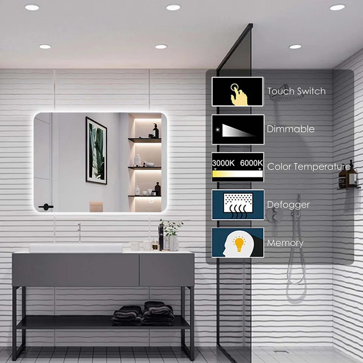 Intense Led rounded corner Mirror 60SS with shaver socket in default
