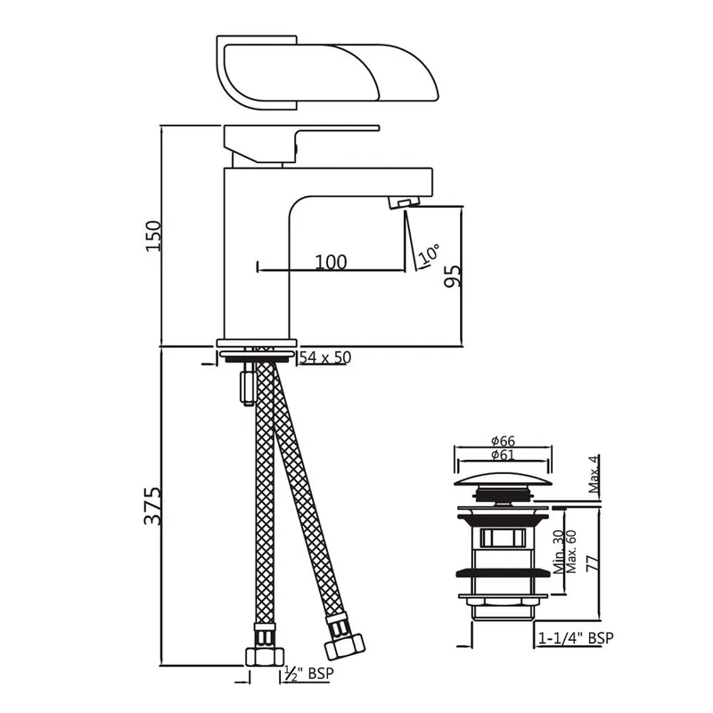 Technical drawing for Jaquar Alive Chrome Single Lever Basin Mixer Includes Compatible click clack waste