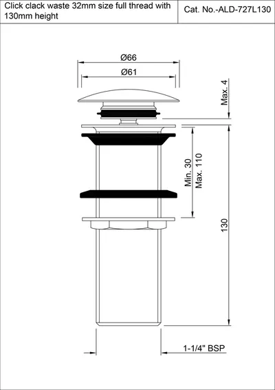 Technical drawing for Jaquar Allied Click Clack Basin UnSlotted Waste with 130mm Height Gold Matt PVD