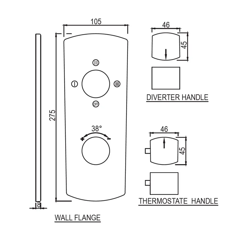 Technical drawing for Jaquar Chrome Kubix Prime Aquamax 3 Outlet Thermostatic Shower Mixer